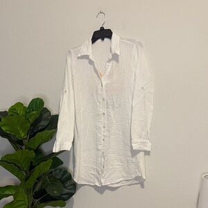 4Our Dreamers White Casual Button-Down Shirt with Sun Sand Sea embroidery